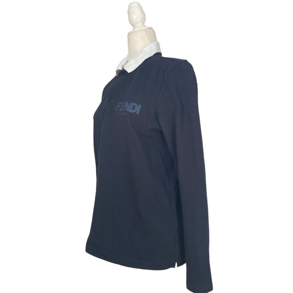 Fendi Long Sleeve Cotton Polo Shirt Blue contrast White Collar Fendi Logo - Picture 3 of 11